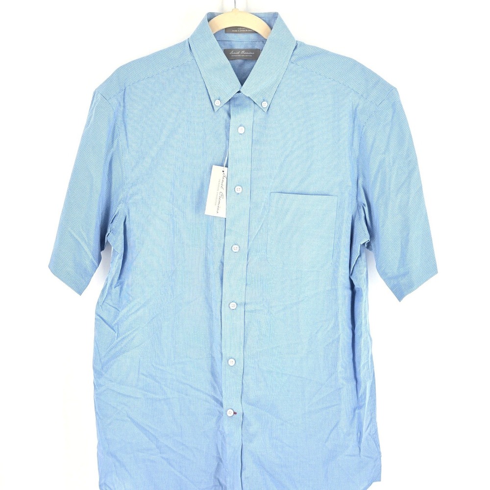 Mens New Preppy Pastel Powder Blue Cotton Check SS Button Down Shirt Sz M Summer